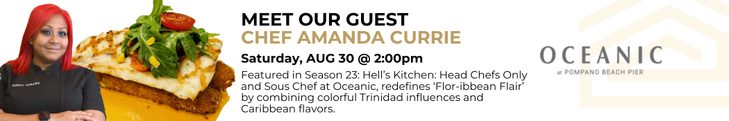 Promotional banner for guest chef Amanda Curry appearing at the Home Design and Remodeling Show on August 30 at 2:00 PM.