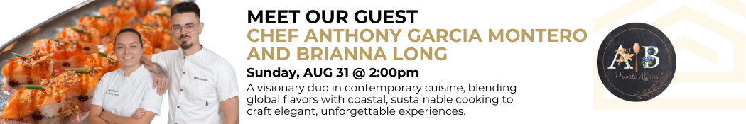 Promotional banner for guest chefs Anthony and Arianna Longo at the Home Design and Remodeling Show on August 31 at 2:00 PM.