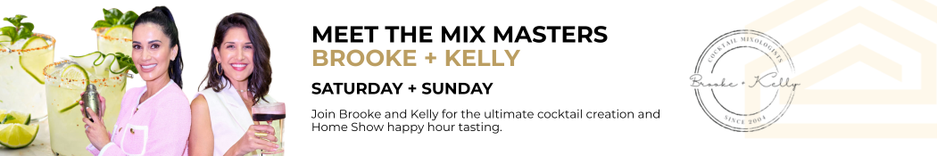 Promotional banner for “The Mix Masters Mike + Kelly” cocktail tasting event at the Home Design and Remodeling Show.